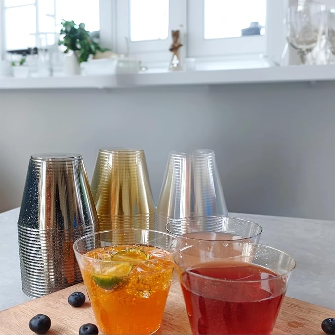 9 oz Clear Plastic Cups, 50 Pack Disposable Plastic Drinking Glasses, Fancy and Reusable, Hard Tumblers Party Cups for Weddings, Thanksgiving, Christmas,Bithday,Halloween etc.