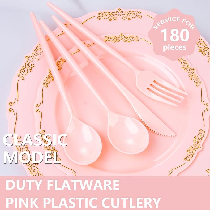Supernal 180pcs Pink Plastic Silverware Heavy Duty Pink Party Disposable Cutlery Plastic Forks and Spoons Disposable Utensils Include 60 Forks,60 Knvies,60 Spoons for Wedding,Party or Daily Using