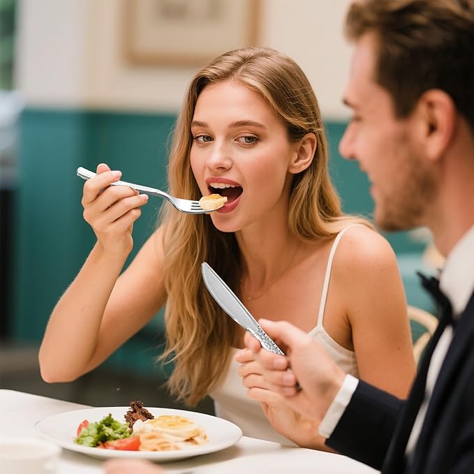 WELLIFE 300PCS Silver Plastic Silverware,Pre Rolled Silverware Set Disposable,Disposable Cutlery Includes: 75 Forks, 75 Knives, 75 Spoons, 75 Napkins,Christmas Utensils