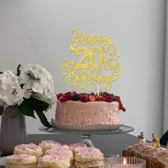 1 PCS Happy 20th Birthday Cake Topper Glitter Cheers to 20 Years Birthday Cake Pick Hello 20 Fabulous Cake Decoration for Happy 20th Birthday Anniversary Party Decorations Supplies Gold