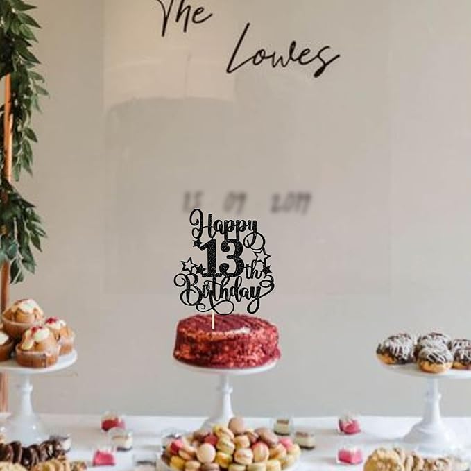 1 PCS Happy 13th Birthday Cake Topper Glitter Cheers to 13 Years Birthday Cake Pick Hello 13 Fabulous Cake Decoration for Happy 13th Birthday Anniversary Party Decorations Supplies Black