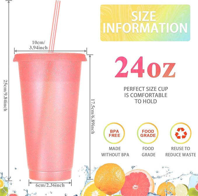 Honeydak 30 Pack Tumbler with Straw and Lid Bulk Cups for Gifts Glitter Plastic Coffee Cups 24-27 oz Reusable Water Bottle Iced Coffee Travel Mug Party Favors for Birthdays Travel (Glitter)