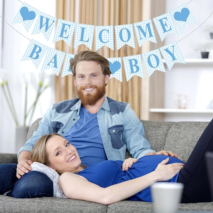 1 Pcs Blue Gingham Welcome Baby Boy Banner for Baby Shower Party Decorations Pre Strung Gender Reveal Paper Banner for Table, Wall, Mantel Display Party Decor Supplies
