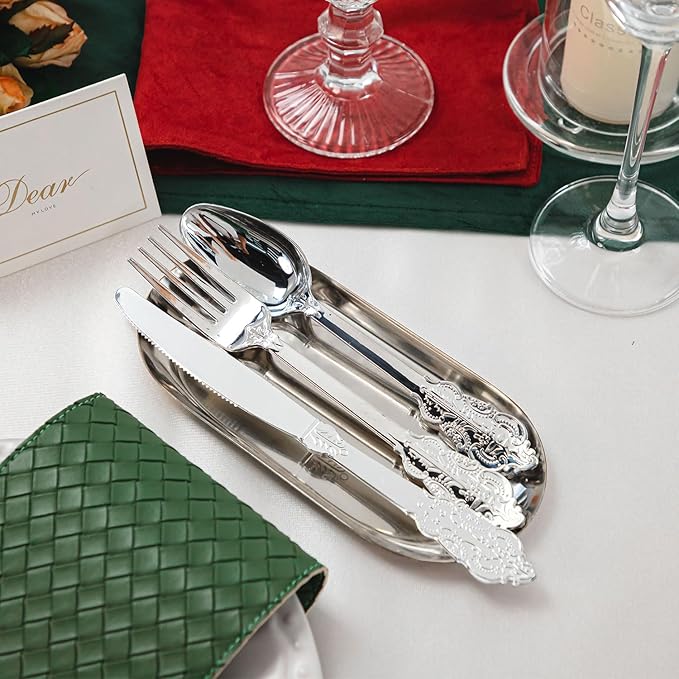 N9R 120PCS Silver Plastic Silverware, Heavy Duty Plastic Cutlery for Parties, Fancy Disposable Flatware Set Includes 40 Forks, 40 Spoons, and 40 Knives, Perfect for Weddings, Dinners, Picnics, Party