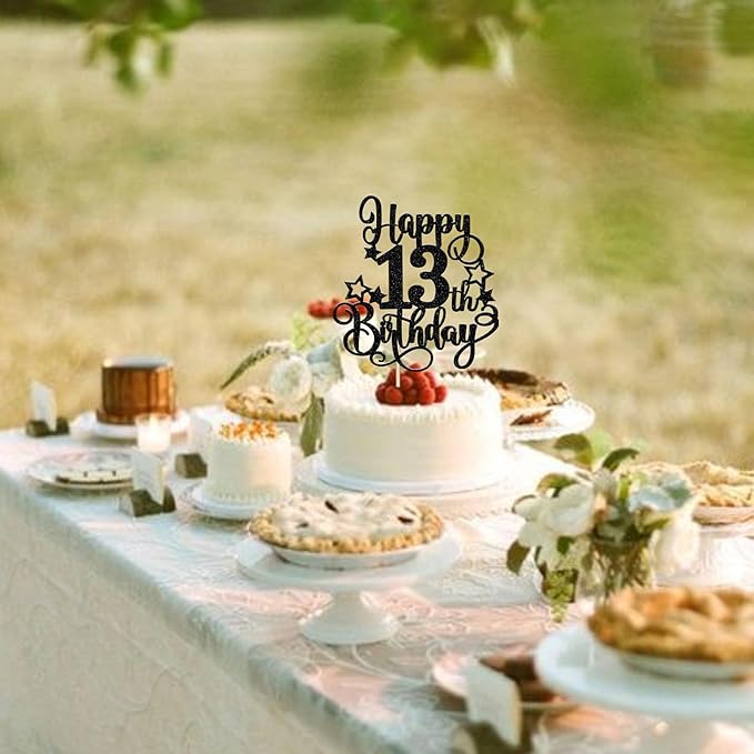 1 PCS Happy 13th Birthday Cake Topper Glitter Cheers to 13 Years Birthday Cake Pick Hello 13 Fabulous Cake Decoration for Happy 13th Birthday Anniversary Party Decorations Supplies Black