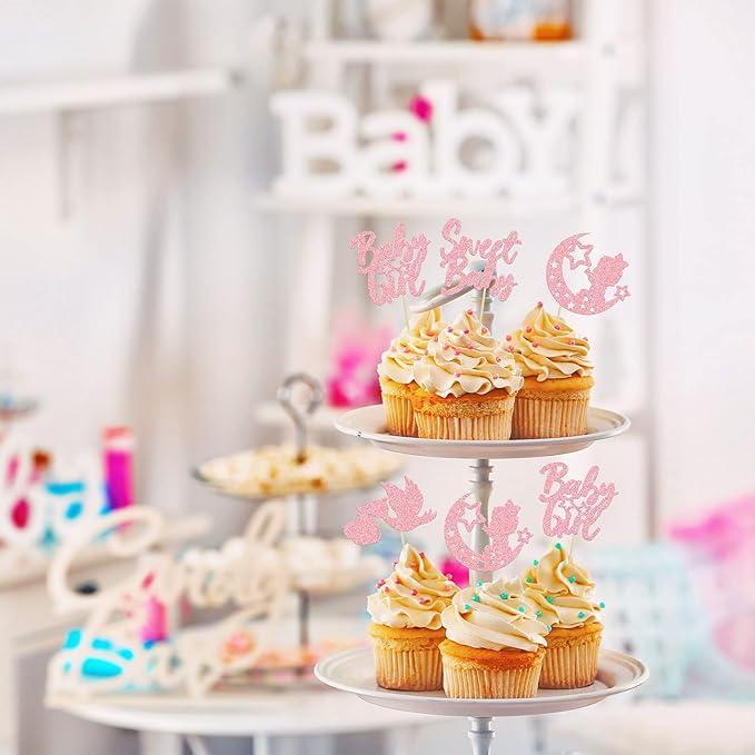24Pcs Baby Girl Cupcake Toppers Pink Glitter Moon Star Sweet Baby Girl Cupcake Picks Decorations for Gender Reveal Baby Shower Kids Girls Birthday Party Supplies