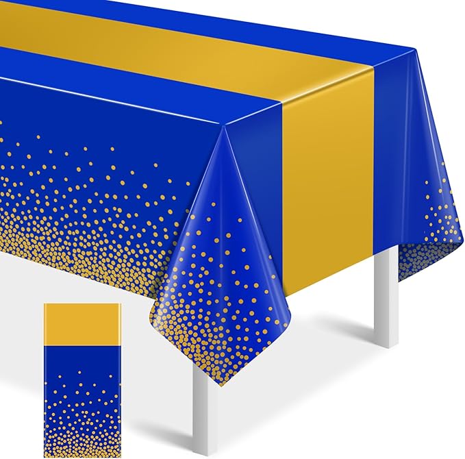 MASHAN 1Pcs Blue Gold Tablecloth Party Decorations,Plastic Royal Blue Table Cloth Printed Gold Table Runner Disposable Rectangle Cover for Birthday Anniversary Wedding Graduation Party,54 x108 Inch