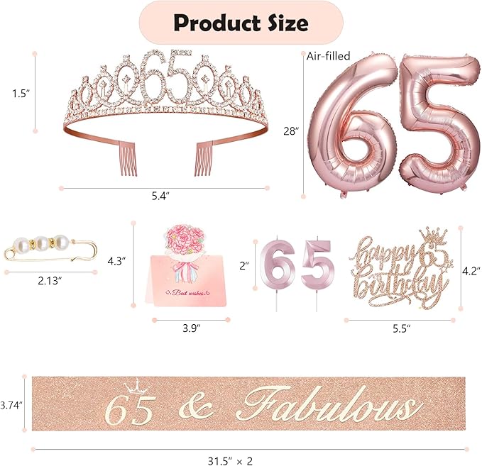 65th Birthday Gifts Decorations for Women, Including 65 year old Birthday Cake Topper,Queen Sash with Pearl Pin, Sweet Rhinestone Tiara Crown, Number Candles and Balloons Set, Rose Gold