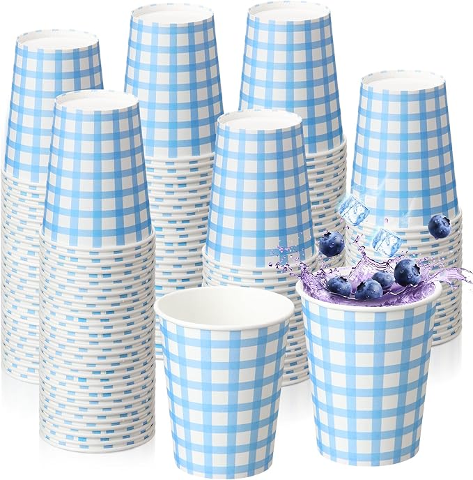 Honeydak 150 Pcs 9 oz Gingham Paper Drinking Cups Checkered Party Disposable Plaid Paper Cups Supplies for Wedding Birthday Fiesta Party Baby Shower Picnic(Blue)