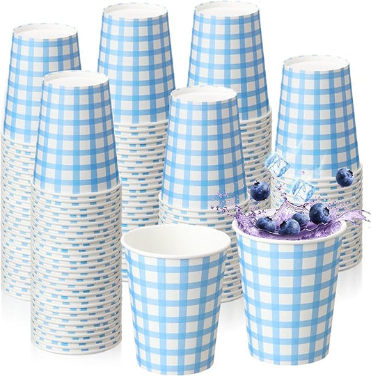 Honeydak 150 Pcs 9 oz Gingham Paper Drinking Cups Checkered Party Disposable Plaid Paper Cups Supplies for Wedding Birthday Fiesta Party Baby Shower Picnic(Blue)