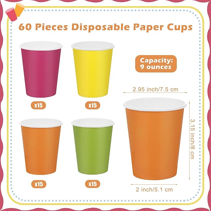 URATOT 60 Pieces 9 Ounce Disposable Paper Cups Neon Color Party Cups Drinking Cups for Party, DIY, and Holiday, 4 Colors