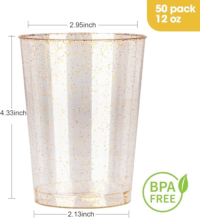 Goodluck 12 oz 50 PCS Gold Glitter Plastic Cups, Disposable Glitter Cups, Elegant Plastic Cocktail Glasses, Fancy Party Cups for Wedding, Birthday, Holiday