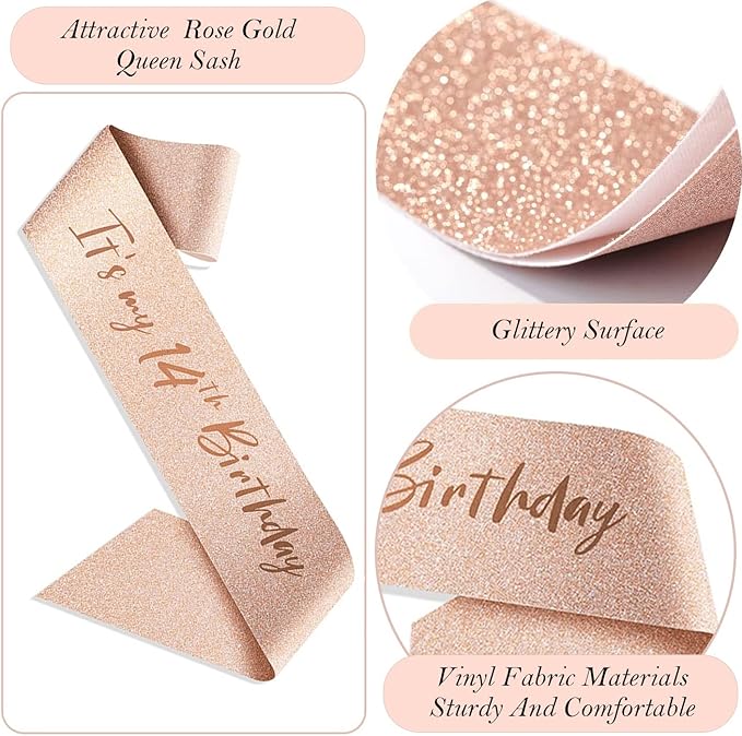 14th Birthday Decorations for Girls, 14th Birthday Sash and Crown, Cake Topper, Number Candles and Balloons, 14 Year Old Gifts for Girls