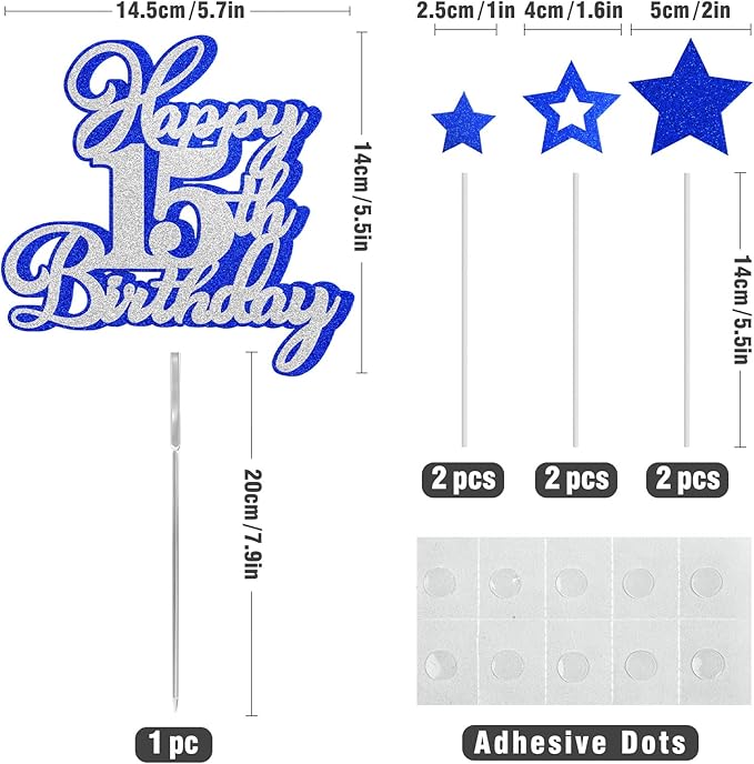 Happy 15th Birthday Cake Topper 15 Teenager Birthday Cake Decorations, Happy 15th Birthday Anniversary Party Cake Decorations for Boy Girl, Blue Silver Glitter