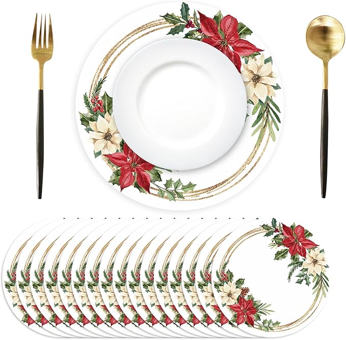 50 Pack Christmas Paper Placemats Disposable Poinsettia Place Mats 13.4 Inch Red Christmas Flower Decorative Round Table Mats for Xmas Winter Birthday Wedding Baby Shower Party Supplies