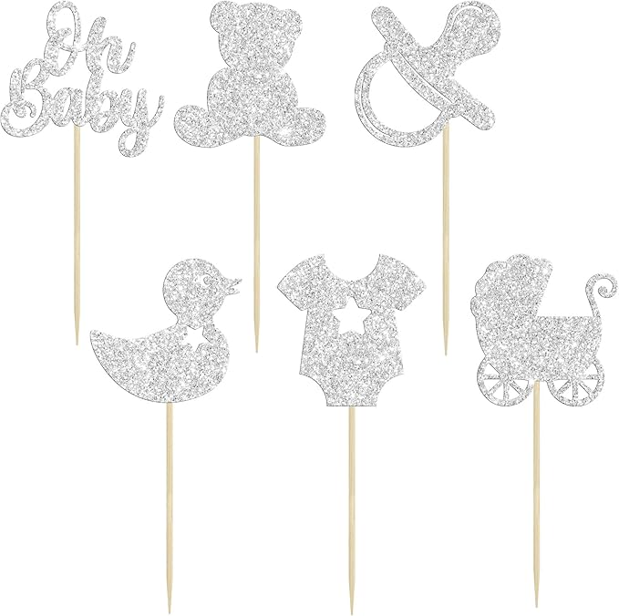 Gyufise 36Pcs Oh Baby Cupcake Toppers Glitter Pacifier Baby Carriage Bear Baby Shower Cupcake Picks for Gender Reveal Baby Shower Kids Birthday Party Supplies Silver
