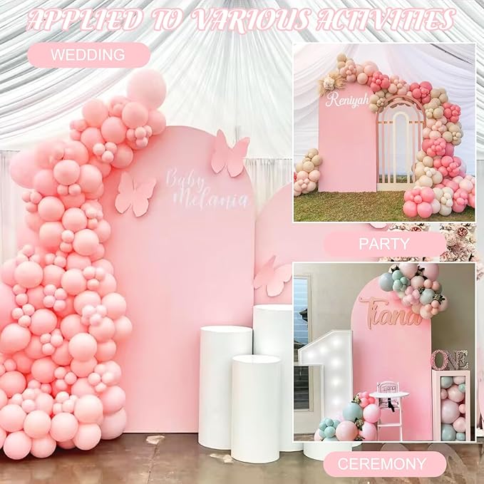 Metal Arch Stand and Cover Set,1 Pink Spandex Fitted Backdrop with 1 Gold Wedding Arched Stand Frame for Parties Birthday Baby Shower Bridal Banquet Decoration (6.6FT)