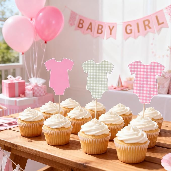 ALISSAR 36 Pcs Pink Gingham Cupcake Toppers - Baby Shower Decorations for Girls, Bodysuit & Cupcake Toppers, Diaper Cake Decor, Gender Reveal Party Supplies