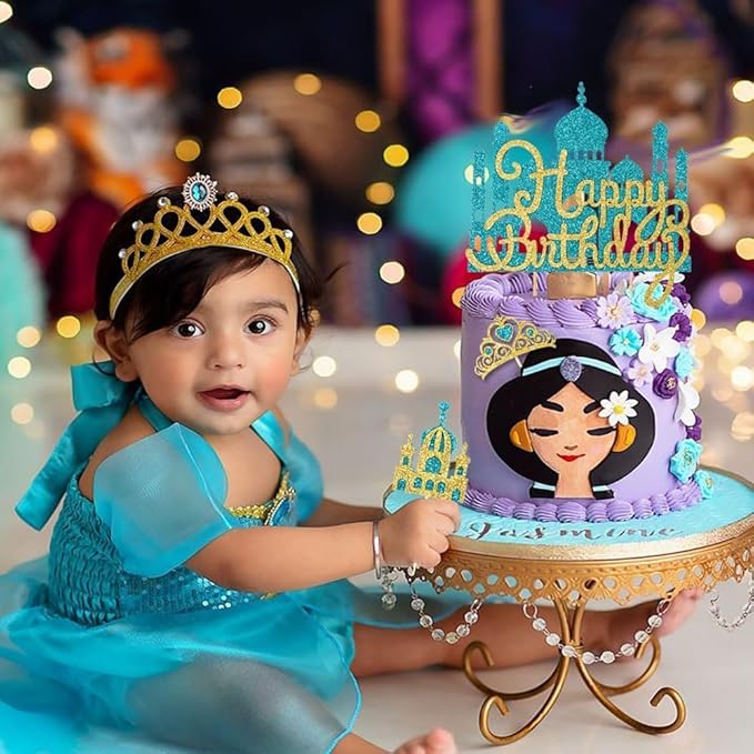 26Pcs Glitter Princess Cake Topper Set with Lake Blue Castle Gold Happy Birthday Cake Toppers Crown Cupcake Topper for Arabian Princess Birthday Baby Shower Costume Party Decor
