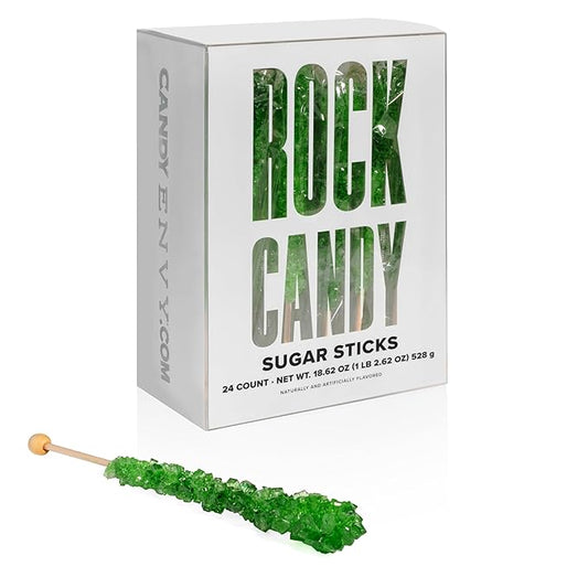 Green Rock Candy Sugar Sticks - Green Apple Flavored - 24 Individually Wrapped Candy Party Favors
