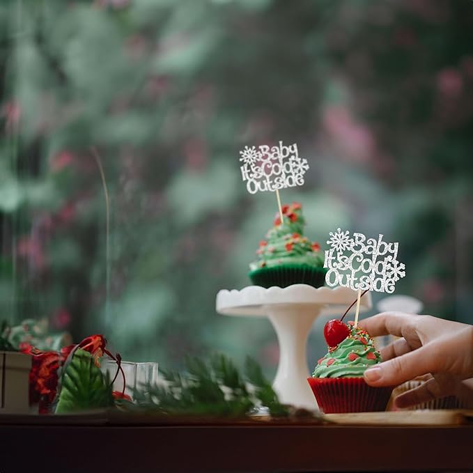 24Pcs Baby It's Cold Outside Snowflake Cupcake Toppers Glitter Winter Frozen Cupcake Picks for Winter Wonderland Baby Shower Birthday Party Cake Decorations Supplies Silver