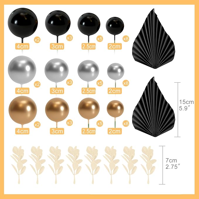 NEBURORA 64 Pcs Balls Cake Toppers and Leaves Decoration Set Mini Balloons for Cake Decorating Supplies Balls Cake decorations for Baby Shower Cake Toppers Birthday Cake Decorations (Black Gold）