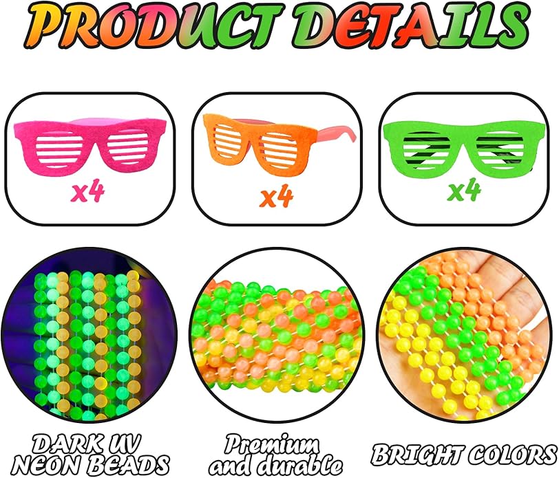Glow in the Dark Beads Necklaces Glow Party Supplies, 33" Yellow Green Orange UV Black Light Necklaces for Glow Party Favors Night Accessories, Halloween Birthday Party Decorations