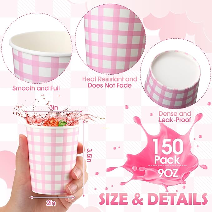 Honeydak 150 Pcs 9 oz Gingham Paper Drinking Cups Checkered Party Disposable Plaid Paper Cups Supplies for Wedding Birthday Fiesta Party Baby Shower Picnic(Pink)