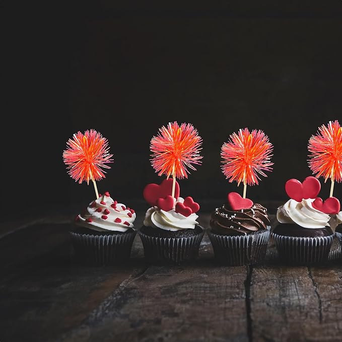 Gyufise 30Pcs Foil Firework Cupcake Toppers Sparkle Tinsel Cake Toppers Tinsel Drink Cake Decoration Cocktail Picks for Birthday Wedding Graduation Party Supplies Dark Orange