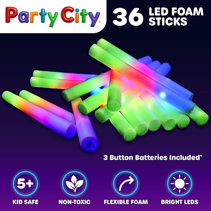 Party City 36pk LED Foam Glow Sticks 14”- Glow in the Dark Party Supplies Favors, Colorful Flashing Wand with 3 Modes, Foam Light Up Sticks Bulk Party Pack for Wedding, Birthday, Concert