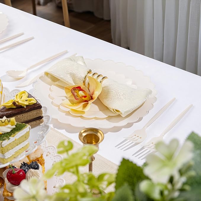 Supernal 180pcs Plastic Silverware Heavy Duty Ivory Plastic Utensils Cutlery Disposable Beige Plastic Cutlery Include 60 Plastic Forks,60 Plastic Knvies,60 Plastic Spoons for Party,Wedding