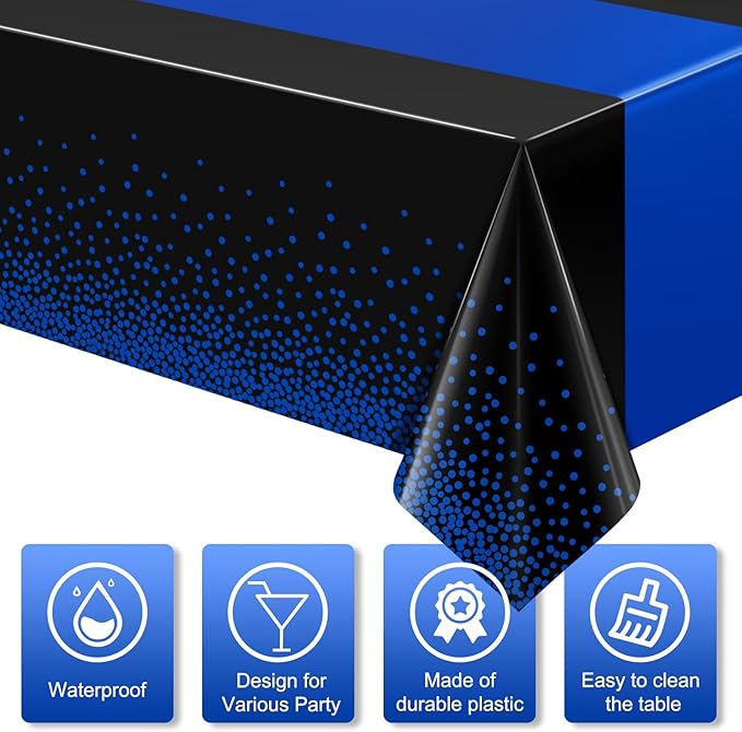 MASHAN 3Pcs Black and Blue Tablecloth Party Decorations,Plastic Black Table Cloth Printed Blue Table Runner Disposable Rectangle Cover for Birthday Wedding Anniversary Graduation Party,54 x108 Inch