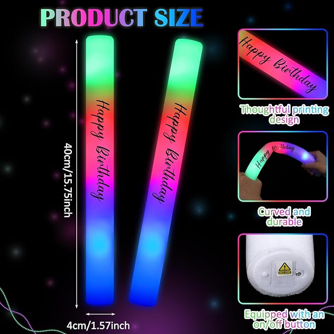 50 Pack Colorful LED Party Foam Light Sticks Batons with Triple Ribbon Birthday Glow Sticks with 3 Color Lighting Modes for Birthday Party, Guests Send Off, Christmas, Festivals