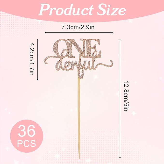 36 Pack Onederful Birthday Cupcake Topper for Girls, Glitter Rose Gold 1st Birthday Cake Topper Girl Cute Onederful Birthdays Decorations for First Birthdays Baby Shower Theme Party