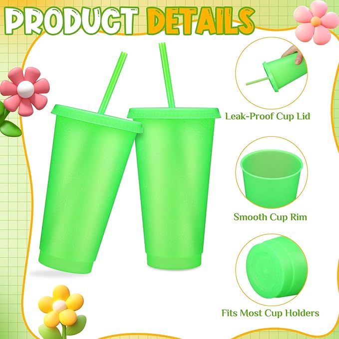 Honeydak 60 Pack Tumbler with Straw and Lid Bulk Cups for Gifts Glitter Plastic Coffee Cups 24-27 oz Reusable Water Bottle Iced Coffee Travel Mug Party Favors for Birthdays Travel (Fluorescent Green)