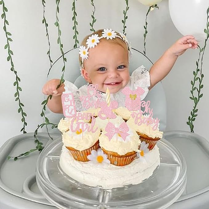 24 Pack It's a Girl Cupcake Toppers Glitter Pacifier Onesie Jumpsuit Bow Gender Reveal Cupcake Picks Welcome Baby Shower Cake Decorations for Baby Girl Birthday Theme Party Supplies Pink