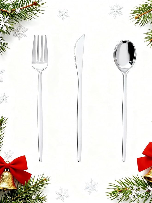 PULOTE 150PCS Silver Plastic Silverware Disposable - Heavy Duty Silver Plastic Cutlery Set - Plastic Utensils Set Include 50 Knives,50 Forks and 50 Spoons for Wedding,Party&Christmas