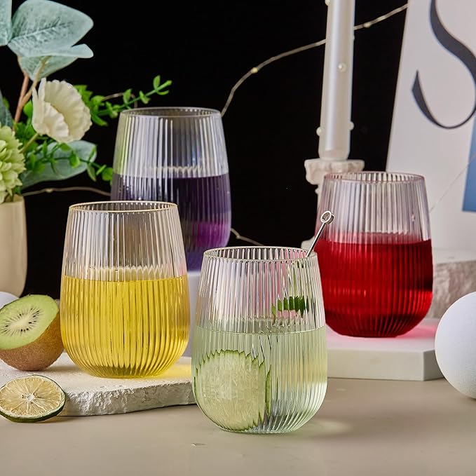 36 Pack Plastic Ribbed Wine Glasses, 15Oz Origami Disposable Wine Glasses Unbreakable Clear Plastic Cocktail Glasses Recyclable Shatterproof Reusable Wine Cups