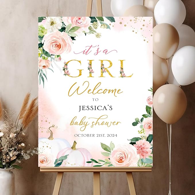 It's Girl Welcome Sign, Baby Girl Sign For Baby Shower, Baby Shower Welcome Sign With Stand, Floral Baby Shower Sign Decoration, Girl Baby Shower Decorations