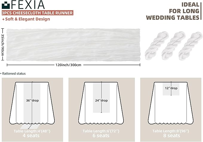 FEXIA 3 Pack White Cheesecloth Table Runner 35x120 Inches for Baby Shower Decoration Spring Easter Ivory Table Runner for Wedding Party First Communion Centerpiece Engagement Bridal Shower Decoration