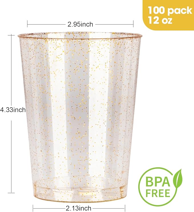 Goodluck 12 oz 100 PCS Gold Glitter Plastic Cups, Disposable Glitter Cups, Elegant Plastic Cocktail Glasses, Fancy Party Cups for Wedding, Birthday, Holiday