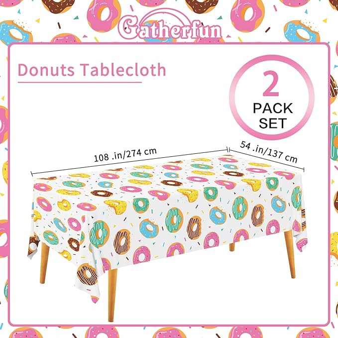 Gatherfun Donut Party Supplies: 2-Pack Donut Birthday Party Decorations,Disposable Plastic Tablecloth, Ideal Table Cover for Two Sweet Birthday, Baby Shower & Themed Parties, 54 x 108 Inch