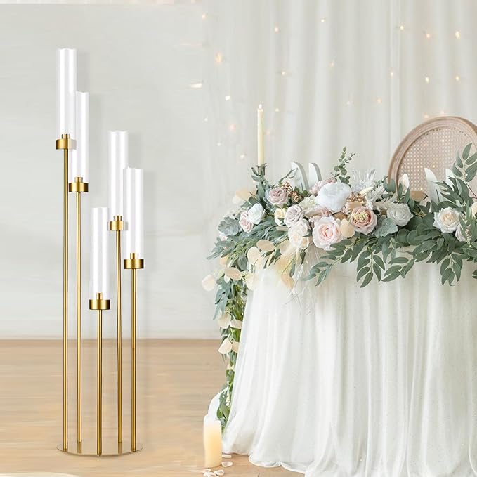 20PCS Gold Floor Candelabra,5 Arm Candle Holder Tall Floor Candle Holder with Acrylic Lampshade for Wedding Table Birthday Party Home Decoration Fit LED Taper Candles