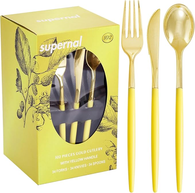 Supernal 102Pcs Gold Plastic Silverware, Gold Disposable Utensils with Yellow Handle, Yellow Plastic Silverware Heavy Duty Include 34 Forks, 34 Knives and 34 Spoons Perfect for Party, Mother's Day