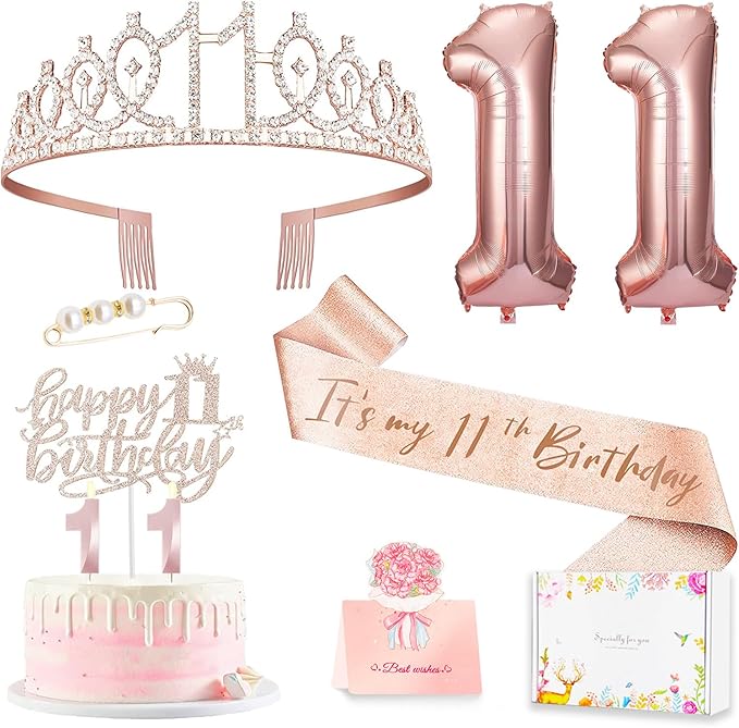 11th Birthday Decorations for Girls, 11th Birthday Sash and Crown, Cake Topper, Number Candles and Balloons, 11 Year Old Gifts for Girls