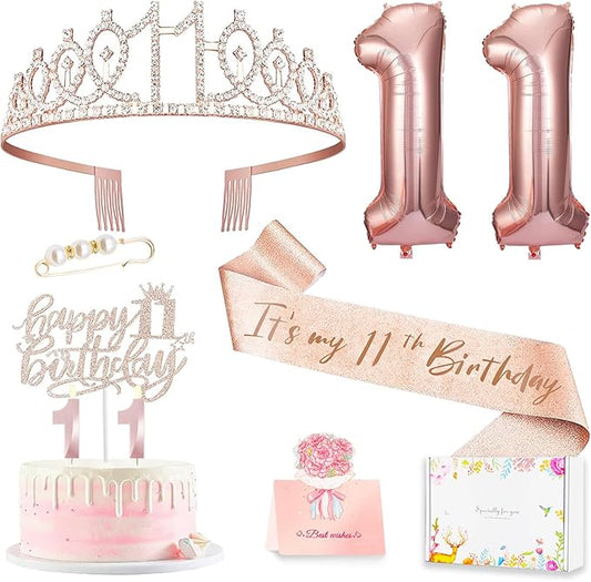 11th Birthday Decorations for Girls, 11th Birthday Sash and Crown, Cake Topper, Number Candles and Balloons, 11 Year Old Gifts for Girls