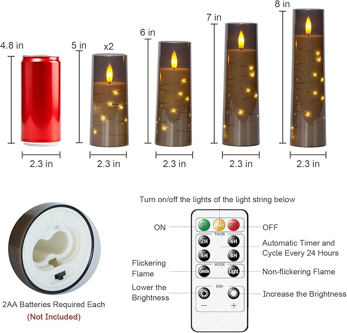 Raycare Flameless Candle with Remote Timer – 5 Flickering Acrylic Battery Operated LED Pillar Candles with Embedded Star String for Christmas, Home Decor, and as a Gift(Grey)