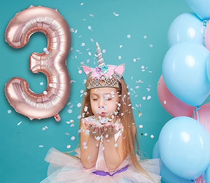 3rd Birthday Decorations for Girls, Including 3 year old Birthday Cake Topper, Queen Sash with Pearl Pin, Sweet Rhinestone Tiara Crown, Number Candles and Balloons Set, Rose Gold