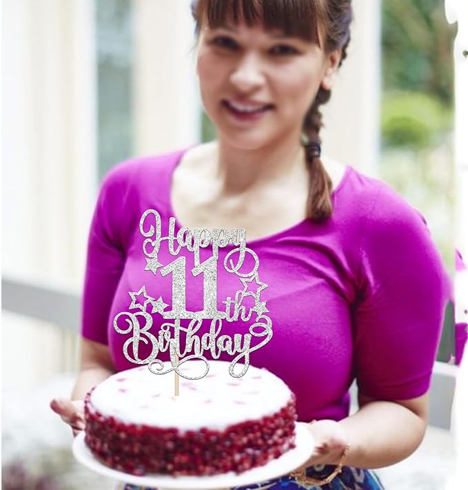 1 PCS Happy 11th Birthday Cake Topper Glitter Cheers to 11 Years Birthday Cake Pick Hello 11 Fabulous Cake Decoration for Happy 11th Birthday Anniversary Party Decorations Supplies silver