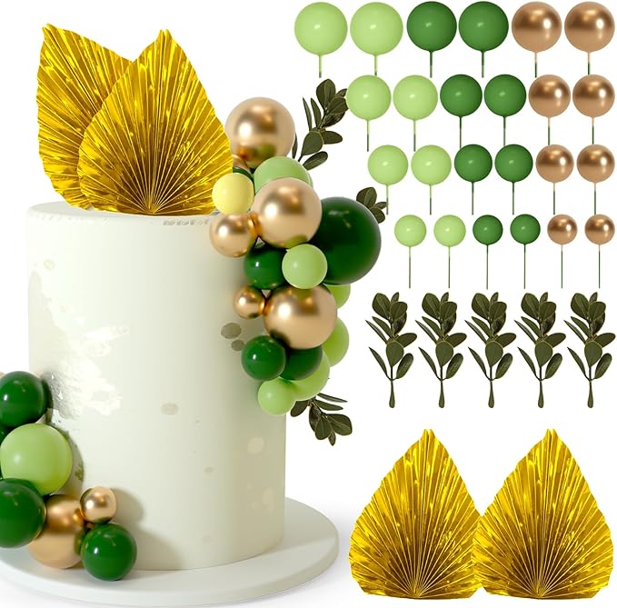 NEBURORA 64 Pcs Balls Cake Toppers and Leaves Decoration Set Mini Balloons for Cake Decorating Supplies Balls Cake decorations for Baby Shower Cake Toppers Birthday Cake Decorations (Green Gold）